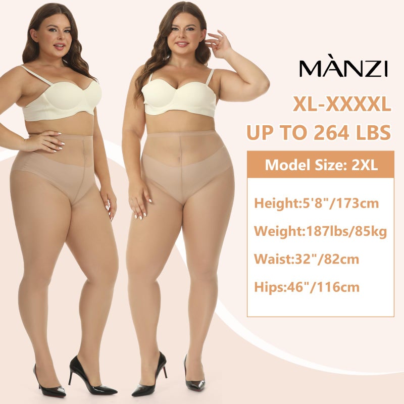 MANZI Women's Plus Size Pantyhose 4 Pairs Ultra Sheer Nylon Tights Natural Nude 3X - Image 3
